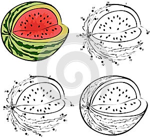 Cartoon watermellon. Vector illustration. Coloring and dot to do