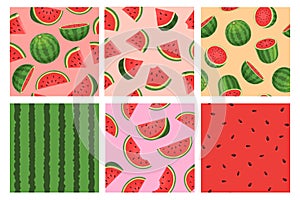 Cartoon watermelon seamless pattern, red texture with seeds. Tropic summer fruit slices and pieces. Watermelon green