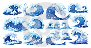 Cartoon waves, ocean wave splash motion sea storm tide for surf, swirl curve blue water liquid flow with wet foam aqua