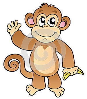 Cartoon waving monkey with banana