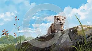 Cartoon Weasel On Rock: Realistic Landscape With Soft Edges