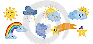 Cartoon Weather Characters In Different Moods And Settings, Including A Sunny Sun, Cloudy Cloud, Stormy Thunder