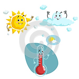 Cartoon weather characters set. Friendly sun, cloud and smiling thermometer mascot. Speech bubble with sun and clouds. Vector illu