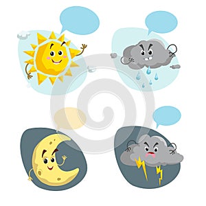 Cartoon weather characters set. Friendly sun, rain cloud with raindrops, crescent moon and thunderstorm cloud with lightning. Spee photo
