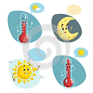 Cartoon weather characters set. Friendly sun, smiling thermometer mascot comfort climate, crescent moon and warm temperature symbo