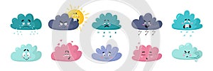 Cartoon weather clouds. Cute character, cloud emotions. Isolated angry, joyful sad faces. Baby shower design, snowy or