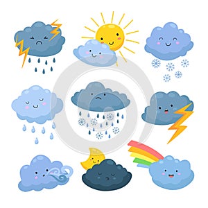 Cartoon weather clouds. Rain, snow elements. Heavenly cloudy shapes, storm and lightning, sun and moon. Meteorological