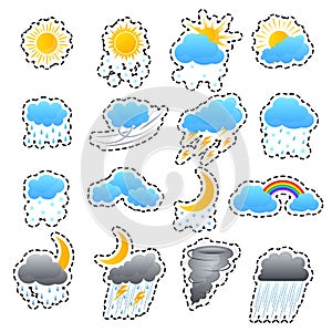 Cartoon Weather Color Icons Sticker Set. Vector