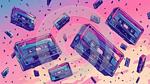 Cartoon web banner featuring audio mixtapes falling into hypnotic patterns. A retro style media store ad with cassettes