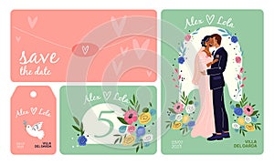 Cartoon wedding cards. Holiday invitational banners. Happy couple in love. Beautiful flowers. Romantic newlyweds hugs