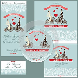 Cartoon wedding couple on retro bike.Design template set