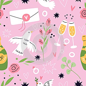 Cartoon wedding seamless pattern. Delicate romantic print. Love symbols. Pink hearts. Dove bird. Flowers and champagne