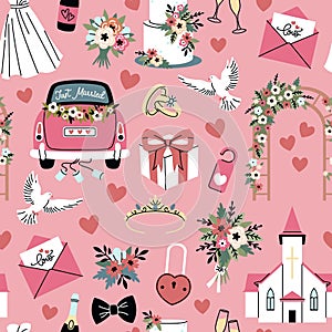 Cartoon wedding seamless pattern. Engagement party elements, bride and groom accessories, rings and dove, love symbols