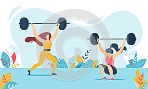 Cartoon Weight Lifter Woman of Characters Training