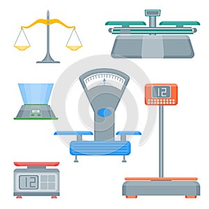 Cartoon Weight Scales Color Icons Set. Vector