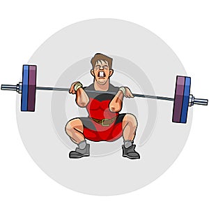 Cartoon weightlifter with an effort squeezing barbell