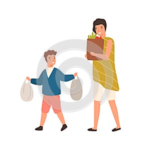 Cartoon well mannered boy help mother carry package with purchase vector flat illustration. Happy polite son carrying photo