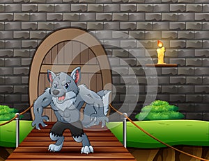 Cartoon werewolf on suspension bridge