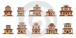 Cartoon western buildings. Wild west traditional country houses, old american town bank saloon motel architecture facade