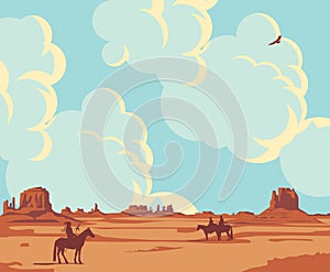 Cartoon western landscape with cowboys and Indian