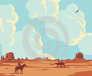 Cartoon western landscape with cowboys and Indian photo