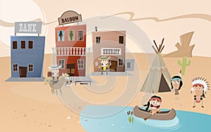 Cartoon western town and indian settlement