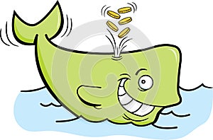Cartoon whale spouting gold coins. photo