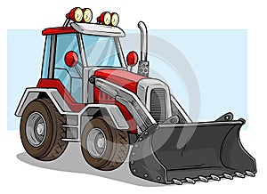 Cartoon wheel front loader bulldozer with shovel