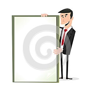 Cartoon White Businessman Holding A Blank Sign