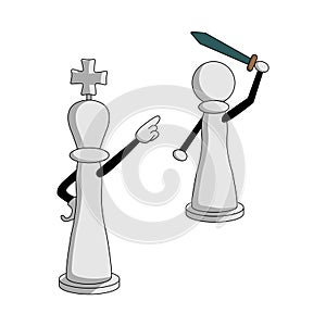 Cartoon white chess pieces. The queen sends a pawn with a sword into battle. isolated vector illustration