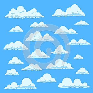 Cartoon white clouds. Blue sky with different cloud shapes. Cute summer cloudscape, cloudy landscape vector comic book