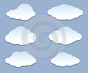 Cartoon white clouds, set iconson blue for messages, banners, web design