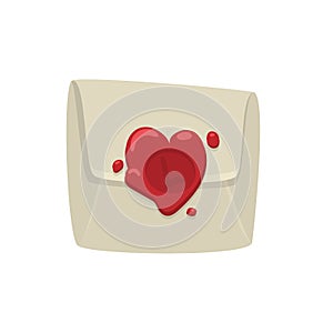 Cartoon white envelope with red wax seal in heart shape isolated on white background.