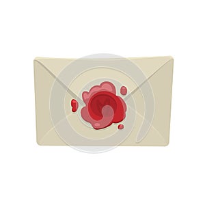 Cartoon white envelope with red wax seal isolated on white background.