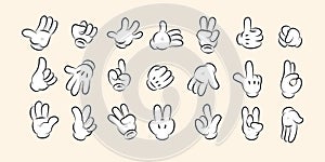 Cartoon white gloves. Hand comic gestures and signals, retro cartoon character arm icons, cute hand cursor in various