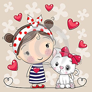 Cartoon white kitten and a Girl in a striped dress