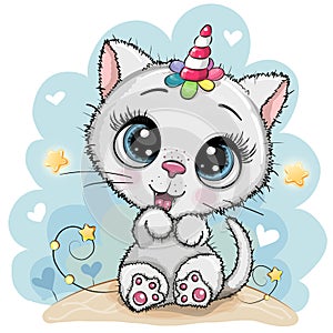 Cartoon white Kitten with the horn of a unicorn