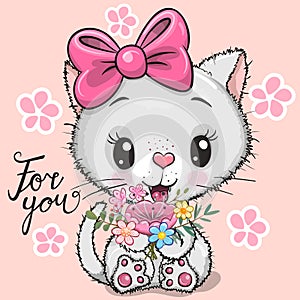 Cartoon White kitty with flowers on a pink background