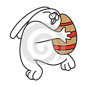 Cartoon white rabbit dancing with chicken egg. Contour design of an easter bunny. Symbol for web sites on a white background