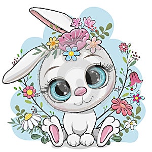 Cartoon White Rabbit with flowers and branches