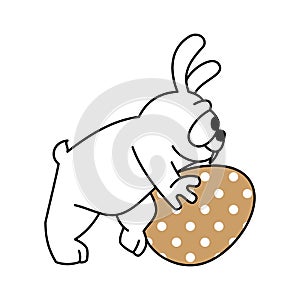 Cartoon white rabbit with a golden chicken egg. Contour design of an easter bunny. Symbol for web sites on a white background