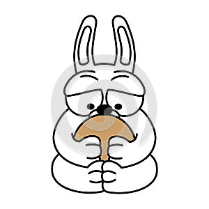 Cartoon white rabbit hugs a chicken egg. Contour design of an easter bunny. Symbol for web sites on a white background