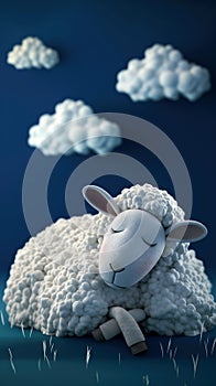 Cartoon white sheep sleeping on dark blue background with clouds. Good night and sweet dreams wishing