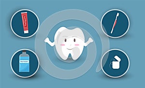 Cartoon white smiling tooth with a set of items for dental care , dentalcare concept photo