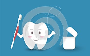 Cartoon white smiling tooth with tooth brush and dental floss in hands, dental care concept