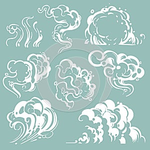 Cartoon white smoke and dust clouds. Comic vector steam isolated photo