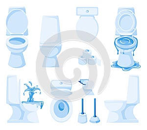 Cartoon white toilet. Ceramic lavatory pan in different angles, toilet paper and brush. WC vector illustration set