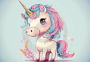 Cartoon white unicorn with a blue-pink mane and flowers, character in a watercolor style.