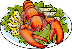 Cartoon Whole Red Boiled Lobster On Dish Over Leaf Salad And Lemon Slices