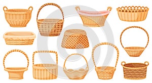 Cartoon wicker baskets, picnic basket, empty gift hamper. Handmade rattan or bamboo woven storage container, rural